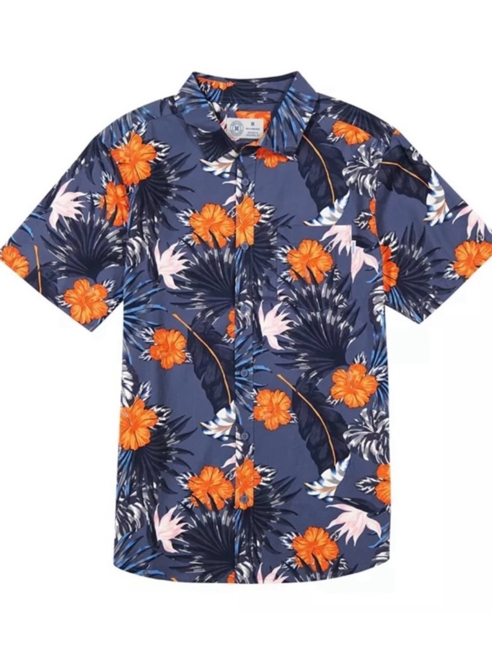 Hurley Navy Short-Sleeve Button-Up with Orange Floral Print Mens XL Vacation